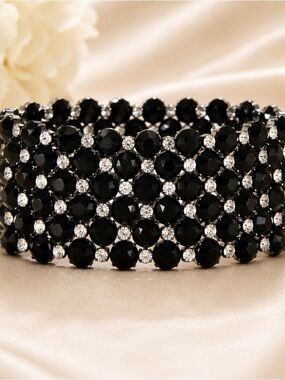 Handmade Black Rhinestone Stretch Cuff Bracelet | Statement Jewelry